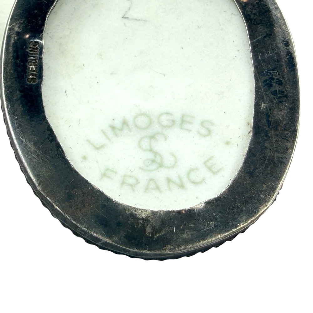 Limoges Pendant Sterling Silver Large White Porcelain Oval France Vintage 9.5g - Picture 3 of 6